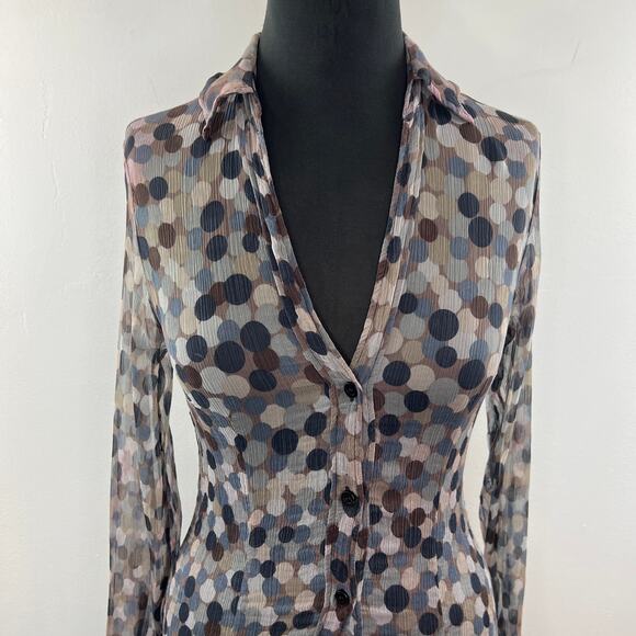 GIGUE Silk Blouse Beige Nude Brown Tone Polka Dot Button Down Blouse 38 - Picture 2 of 7